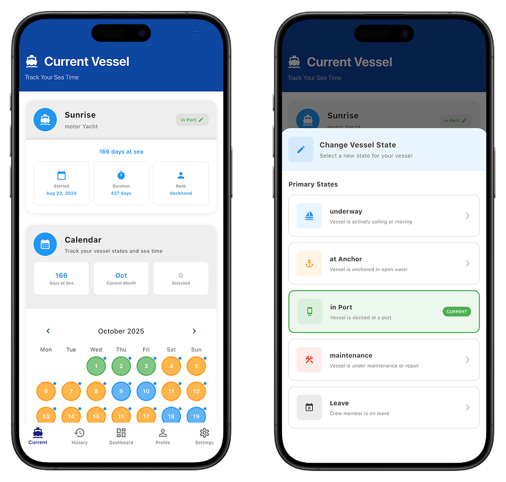 App screenshots showing the main dashboard and vessel state selection.